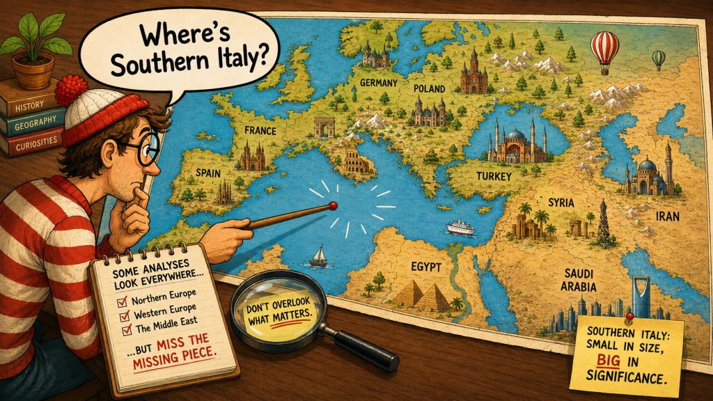 Cartoon illustration of a researcher examining a map of Europe and the Middle East, with northern and central Italy shown but southern Italy and Sicily missing, highlighting how some Ashkenazi genetics analyses overlook southern Italian comparison populations.